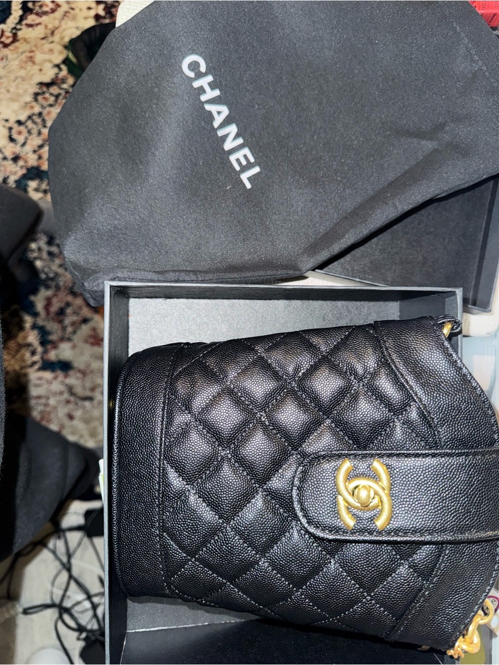 VIP Black Quilted Mini Shoulder Bag with Gold Hardware